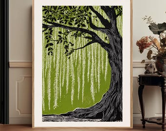 Folk Willow Tree Wall Art, Green Nature Linocut Landscape Print