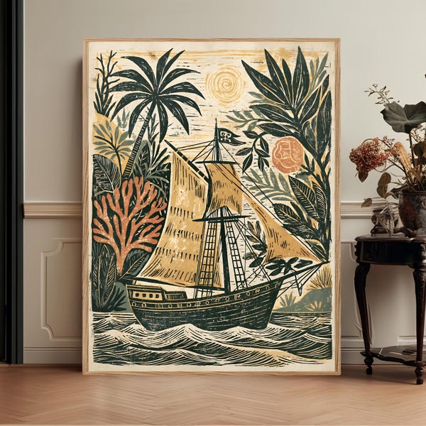 Coastal Folk Ship Wall Art Print, Nautical Tropical Ocean Decor