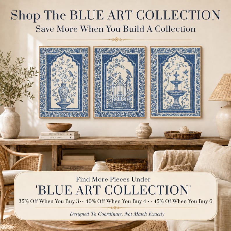 Blue Linocut Style Folk Landscape, Cottage Countryside Village Wall Art 画像 11