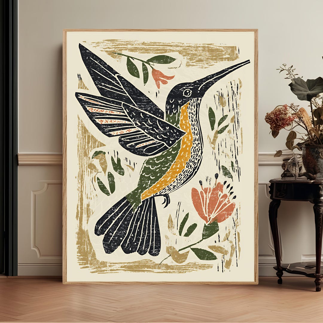 Modern Nature Folk Hummingbird Art, Cottage Botanical Floral Bird ...