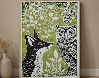 Woodland Floral Fox Folk Art Print, Green Cottage Nature Owl Illustration