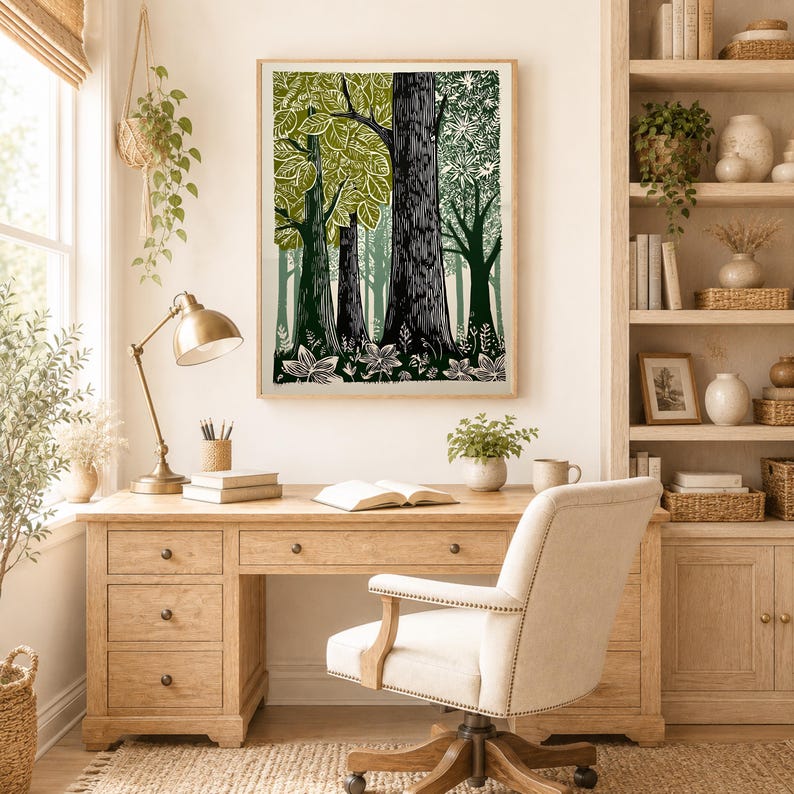 Green Woodland Landscape Print, Scandinavian Nature Forest Lover Canvas image 6