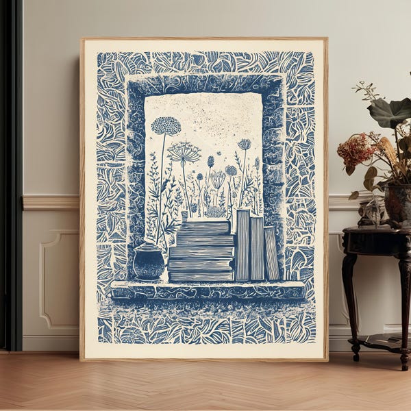 Boekliefhebber volkskunst muurafdruk, blauwe botanische linosnede stillevenkunst
