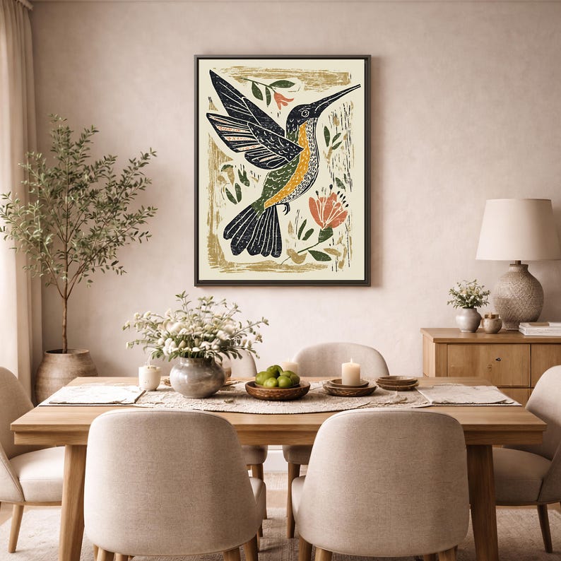 Modern Nature Folk Hummingbird Art, Cottage Botanical Floral Bird ...