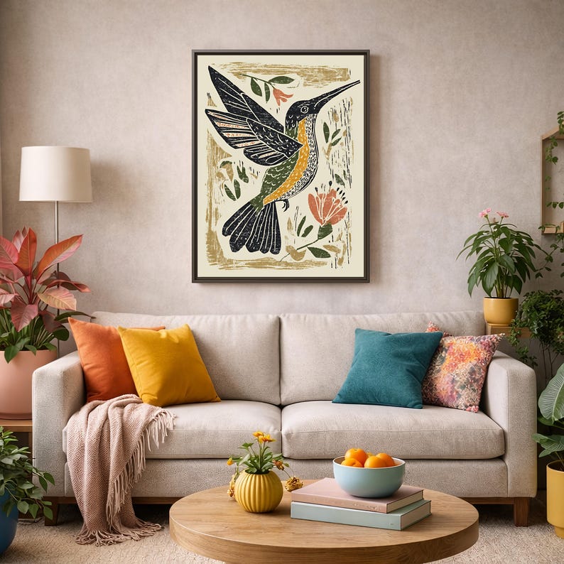 Modern Nature Folk Hummingbird Art, Cottage Botanical Floral Bird ...
