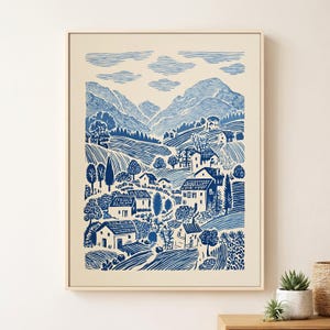 Blue Linocut Style Folk Landscape, Cottage Countryside Village Wall Art 画像 8