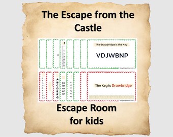 May include: A vintage-style escape room game for kids, featuring the text "The Escape from the Castle." The game includes puzzles with the phrases "The drawbridge is the Key" and "The Key is Drawbridge."
