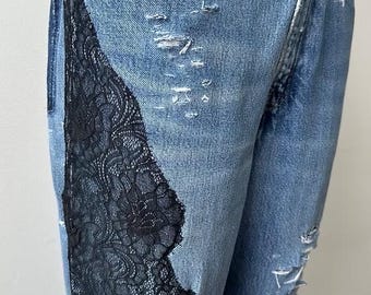 Lace and ripped Denim Jeans – Repurposed Vintage Denim