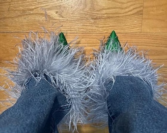 Denimjeans met struisvogelveren – hergebruikte vintage denim