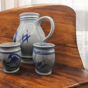 Westerwald German Salt Glaze Pottery Set – 1L Pitcher & 2 Cups – Cobalt Blue