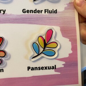 May include: A sticker with a stylized leaf design in pink, yellow, blue, and black. The sticker is labeled "Pansexual".