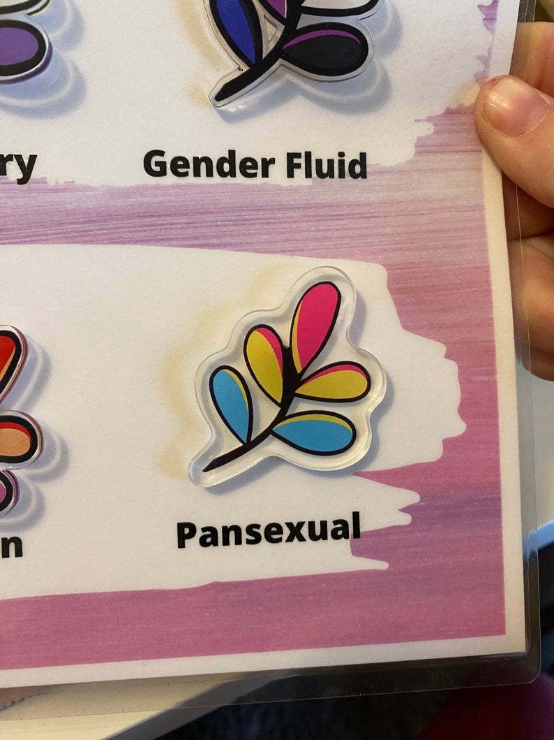 May include: A sticker with a stylized leaf design in pink, yellow, blue, and black. The sticker is labeled "Pansexual".