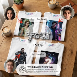 Pode incluir: Camisetas brancas com designs de arte personalizados. As camisas apresentam retratos e renderizações artísticas, com as palavras "Your Portrait", "your idea" e "my creation". A marca "MindArt" também é visível.