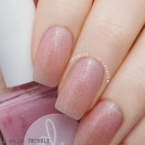 Twinkle - Pale lilac sheer jelly nail polish with holographic silver glitter. Handmade, ideal for BB cream nails. Vegan and 10-free.
