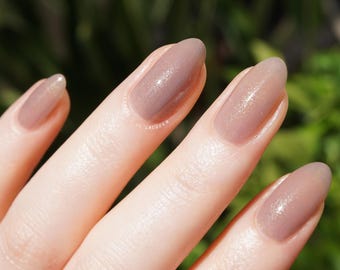 Airglow - Grey sheer, jelly nail polish with gold mica shimmer pearl. Handmade, vegan, 10-free