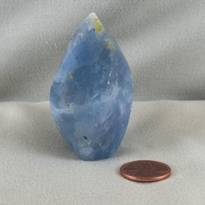 May include: A blue calcite crystal in a teardrop shape. The crystal has a smooth, polished surface with variations in color. A penny is placed next to the crystal for size comparison.