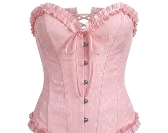 Light Pink Floral Brocade Corset Top with Ruffle Trim – Vintage Style Victorian Bustier – Coquette Aesthetic Pink Bodice – Gift for Her