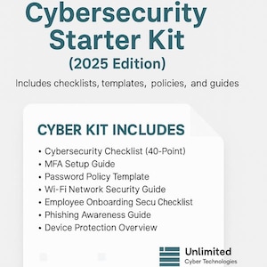 Puede incluir: Un documento blanco titulado "Cybersecurity Starter Kit (2025 Edition)" con una lista de recursos de ciberseguridad. El documento incluye listas de verificación, plantillas, políticas y guías. La sección "Cyber Kit Includes" enumera guías para la configuración de MFA, la política de contraseñas y la seguridad Wi-Fi.