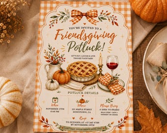 May include: A rectangular Friendsgiving potluck invitation card with an orange gingham border. The text reads: You're invited to a Friendsgiving Potluck! Let's eat, laugh & give thanks together! Potluck details, November 27th, 6:00 PM, 123 Maple Street, Downtown, CA, Please bring a dish to share! RSVP to Oceania at +12 345 6789 by November 20th. Illustrations include a pie, pumpkins, a wine glass, and a candle.