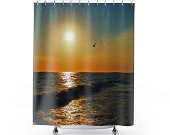 Sunset Ocean Wave Seagull Shower Curtain | Beach Bathroom Decor