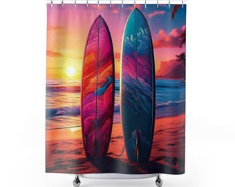 Colorful Surfboards Shower Curtain | Beach Sunset Ocean Waves