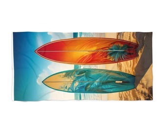 Surfboard Sunset Beach Towel | Tropical Palm Surf Art