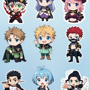 Puede incluir: Una colección de nueve pegatinas de estilo chibi con personajes de anime. Cada pegatina muestra un personaje diferente con peinados, atuendos y accesorios únicos. Los personajes se representan en varias poses, con colores vibrantes y diseños detallados.
