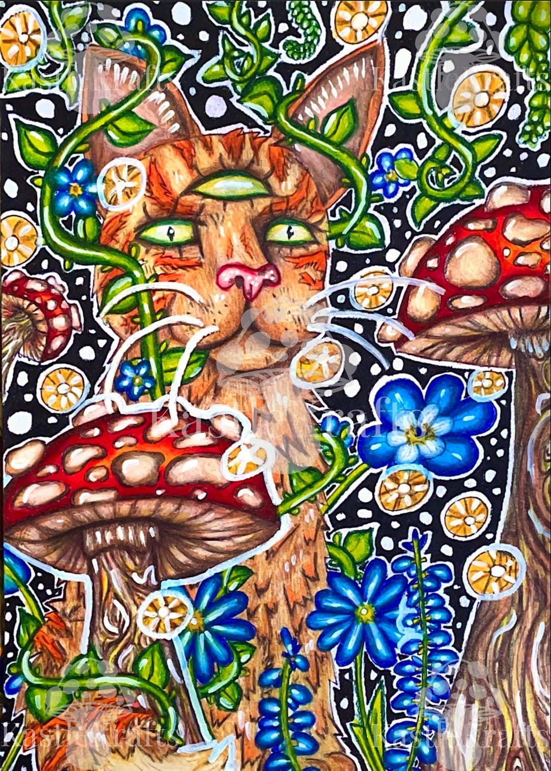 Mystical Mushroom Cat Art Print - Etsy