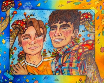 May include: A colorful illustration featuring two smiling people with mushroom accents. The artwork has a blue background with mushroom and bee details. The frame has a yellow and orange border with leaves. The artist's name, KastleKrafts, is visible.