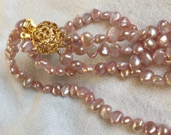 Pink Lavender Pearl necklace with a touch of Bronze baroque triple strand 20" vintage