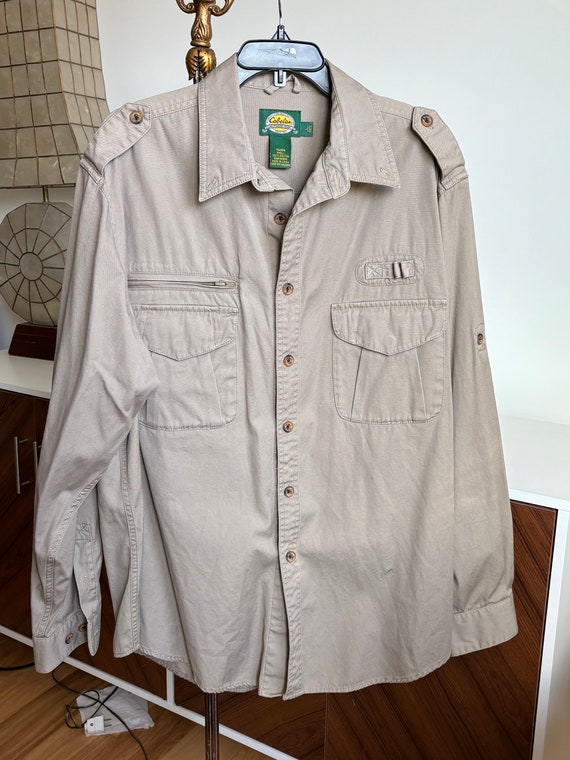 Vintage Cabelas Hunting Fishing Safari Field Shirt Mens L Long Sleeve TAN  Canvas Epaulet 90s Near Mint 