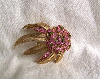 LISNER huge brooch rhinestone olivine and shocking pink brooch atomic floral comet star burst large