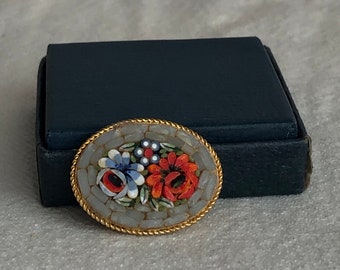 Vintage Micro Mosaic brooch inlaid floral pin / Oval gold tone light background brilliant red flower