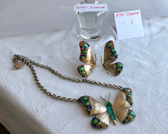 Betsey Johnson Butterfly Parure - Necklace & Earrings - Vintage Brilliant Rhinestone Set w/ Original Tags - Signed