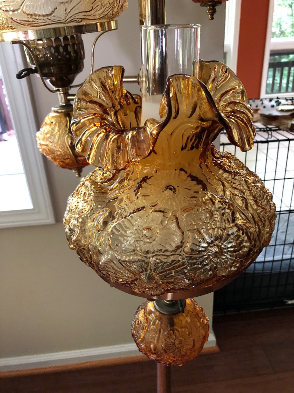 Tension Pole Lamp / 3 Fenton Poppy Glass Lamps & Ruffled Etsy