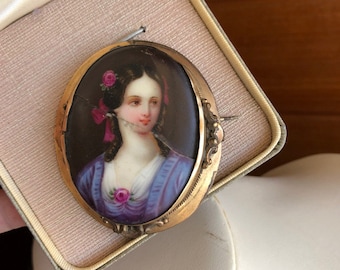 Antique Hand Painted Porcelain Portrait Brooch Miniature Victorian Blue Painted Cameo Brooch Gainsborough Style Lady c. 1850's Cracked