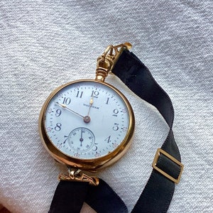 1897 Waltham Pocket Watch - Art Nouveau Ladies 25 Year Gold Case by Philadelphia - XX Stamped Gold and Victorian Grosgrain Ribbon Watch Band