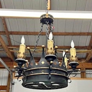 Huge Antique CROWN Chandelier Pendant Light Fixture - 1920s Gothic Masterpiece 28” Entry Theater Hotel Church - Restaurant or Boutique Decor