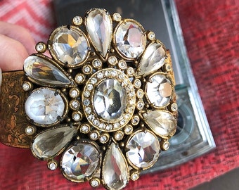 Edwardian Wide Cuff BRACELET -  Huge with 2-1/4” Rhinestone Starburst - Victorian to 1920s Art Deco - Hinged with Embossed 1” Cuff
