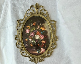 Vintage 10” Oval Picture Frame Miniature - Brass / Ormolu - Convex Curved Glass - Italy Wall Hanging - Hollywood Regency Small Mini - Inv #4