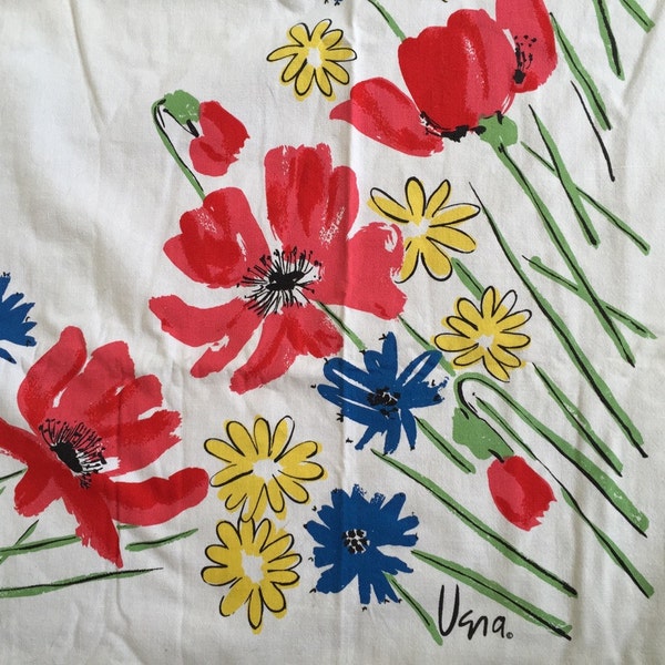 Vera Neumann tablecloth square BOHO red poppy floral table linen mid-century table cloth red yellow blue table linen