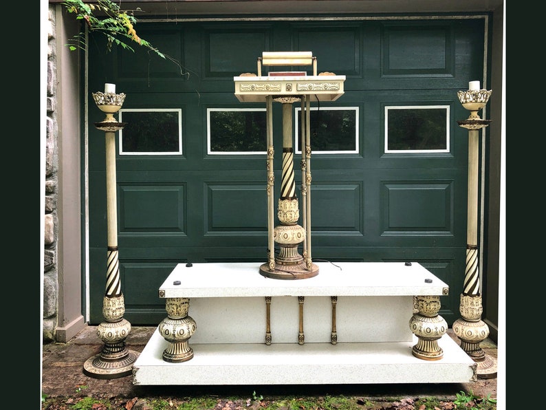 Rare Hollywood Regency Mortuary Set 2 Tall Torchiere Lamps Egyptian Revival Lectern Podium Funeral Casket Stand Neo Classical Gothic