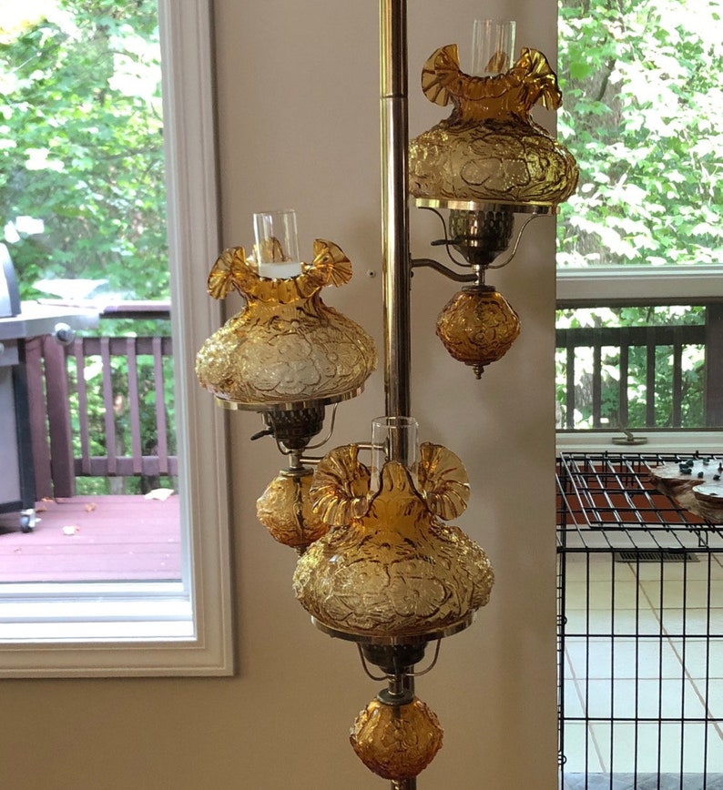 Tension Pole Lamp / 3 Fenton Poppy Glass Lamps & Ruffled Etsy