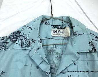 Vintage Hawaiian Shirt by Kai Nani - Blue With MAPS of Islands - size M - Made in Hawaii Polyester and Cotton