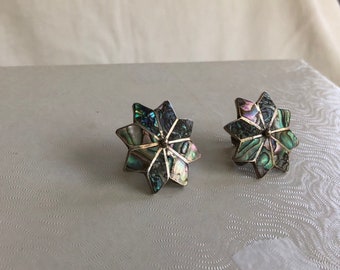 TAXCO Earrings Abalone Sterling Silver Star Bursts Vintage Sun Bursts A.N. Mother of Pearl 8-Sided Signed Taxco