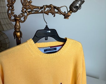 1980s 90s Tommy Hilfiger Logo Sweater - Yellow 100% Cotton Size L - Near Mint