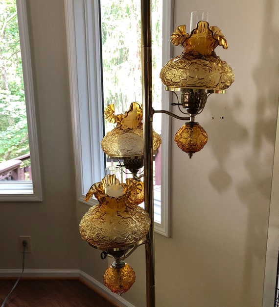 Tension Pole Lamp 3 Fenton Poppy Glass Lamps Ruffled Shades Amber Mid Century Working Ornate Pattern