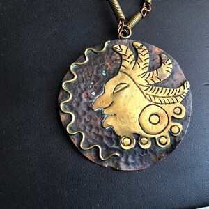 Vintage Aztec Warrior or God / Hand-hammered Copper and Brass / God Figure Necklace Ethnic Tribal Boho Mexico 1940s 1950s 1960s image 1