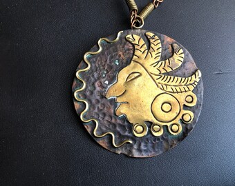 Vintage Aztec Warrior or God / Hand-hammered Copper and Brass / God Figure Necklace Ethnic Tribal Boho Mexico 1940s 1950s 1960s
