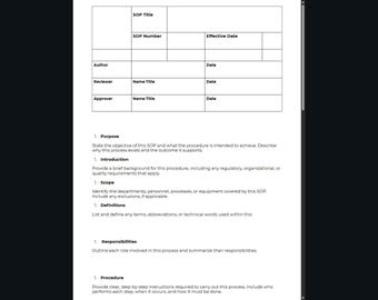 Puede incluir: Un documento con una tabla en la parte superior con campos para detalles de SOP, seguido de secciones como 'Propósito', 'Introducción' y 'Procedimiento'. El documento está diseñado para procedimientos operativos estándar.